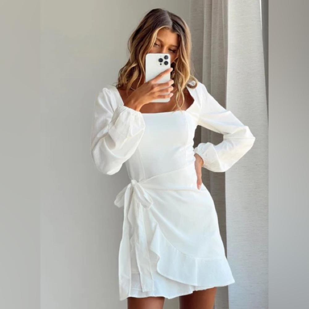Sz 6 Princess Polly White Villa Long Sleeve Linen Blend Ruffle Faux Wrap Dress